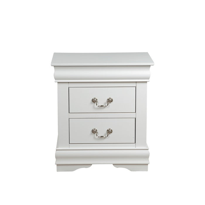 2 Drawer Wooden Nightstand with Metal Hanging Pulls and Bracket Feet, White
