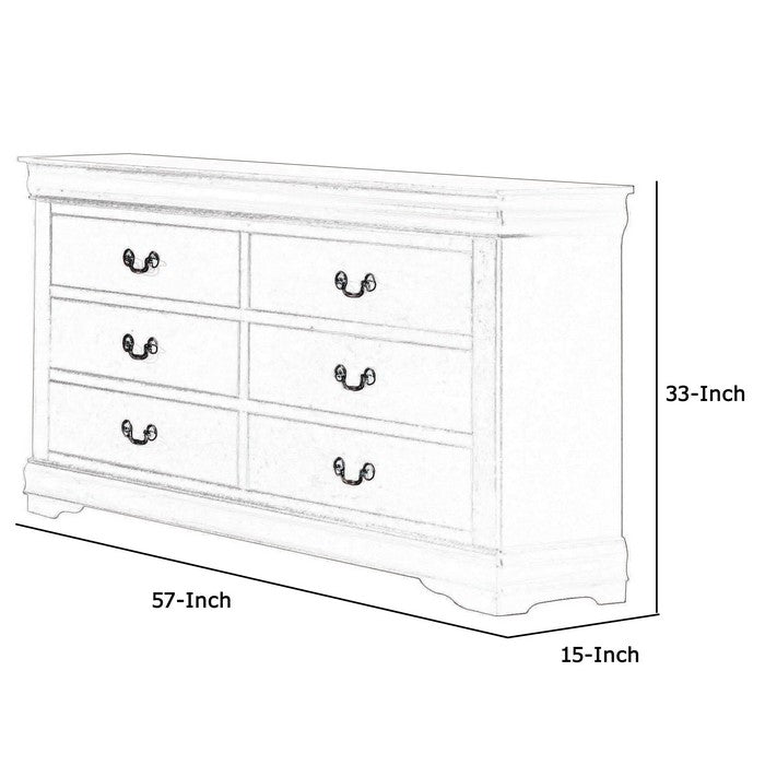 6 Drawer Wooden Dresser with Metal Hanging Pulls and Bracket Feet, White