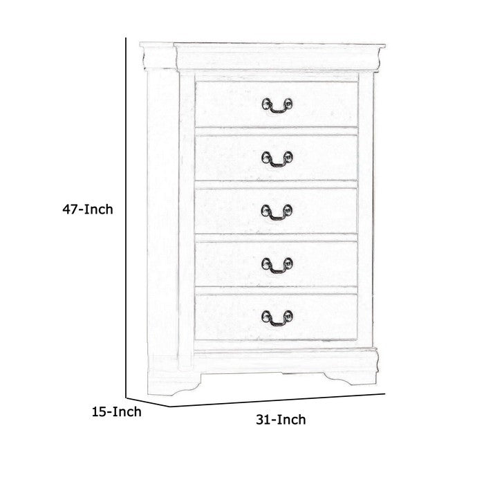 5 Drawer Wooden Chest with Metal Hanging Pulls and Bracket Feet, White