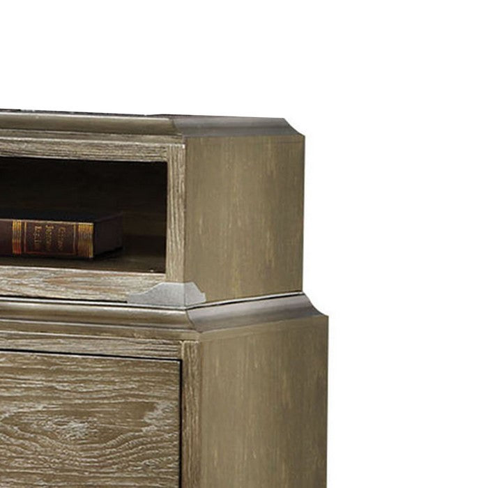 2 Drawer Wooden Nightstand with 1 Open Case and Metal Legs, Brown