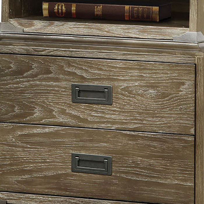 2 Drawer Wooden Nightstand with 1 Open Case and Metal Legs, Brown