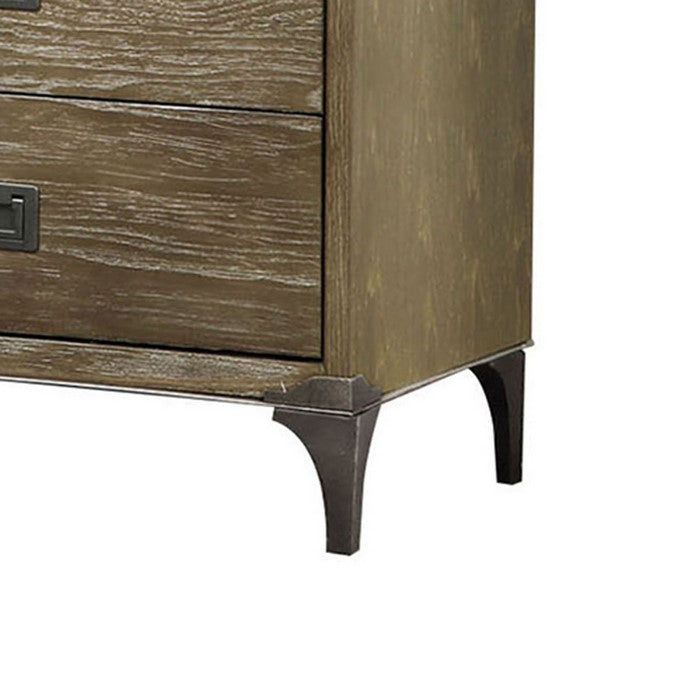 2 Drawer Wooden Nightstand with 1 Open Case and Metal Legs, Brown