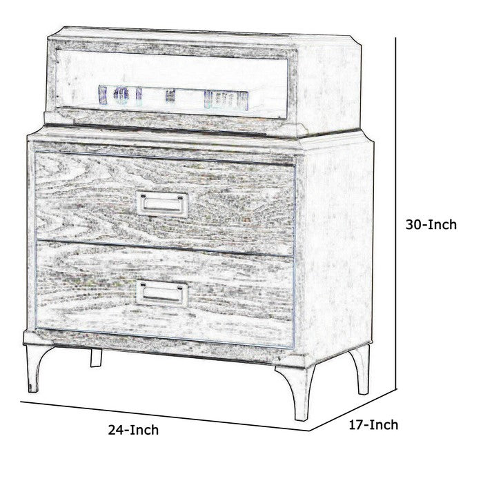 2 Drawer Wooden Nightstand with 1 Open Case and Metal Legs, Brown