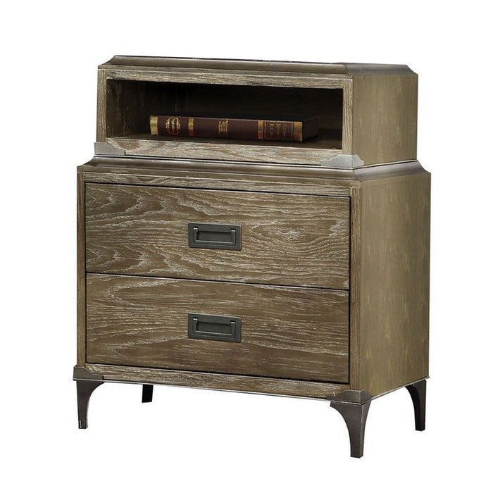 2 Drawer Wooden Nightstand with 1 Open Case and Metal Legs, Brown