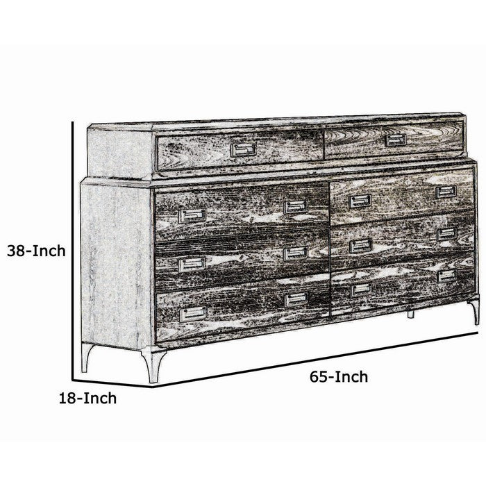 8 Drawer Wooden Dresser with Flush Mount Pulls and Metal Legs, Brown