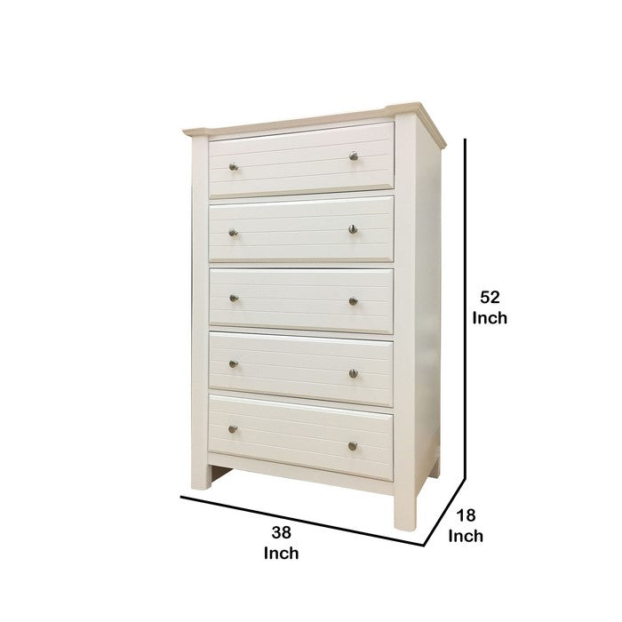 5 Drawer Wooden Chest with Panel Design and Block Legs, White