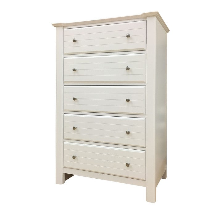 5 Drawer Wooden Chest with Panel Design and Block Legs, White