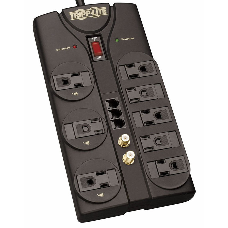 Tripp Lite 8 Outlet Surge Protector Power Strip, 8ft Cord, Right-Angle Plug, Tel/Fax/Modem/Coax Protection, RJ11, & $150,000 INSURANCE (TLP808TELTV)