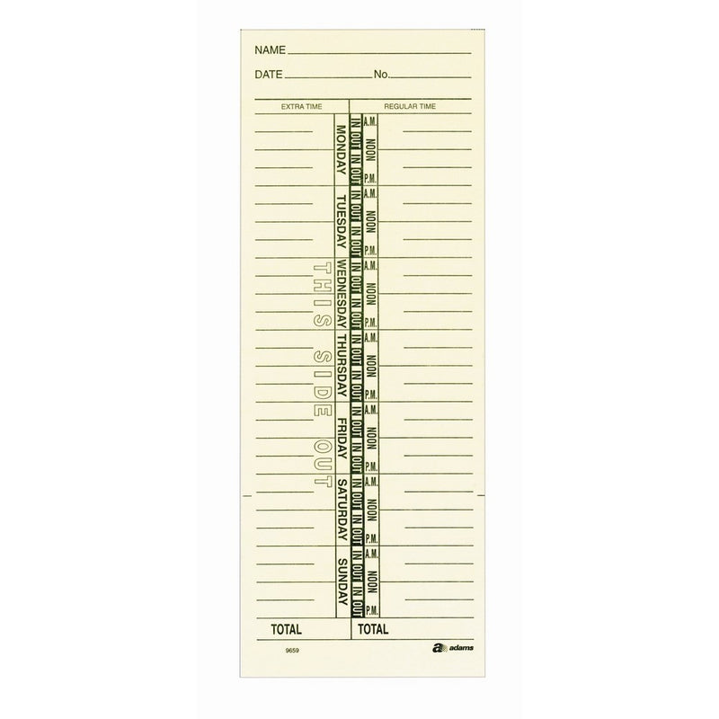 Adams Time Cards, Weekly, 1-Sided, Named Days, 3-3/8" x 9", Manila, Green Print, 200-Count (9659-200)