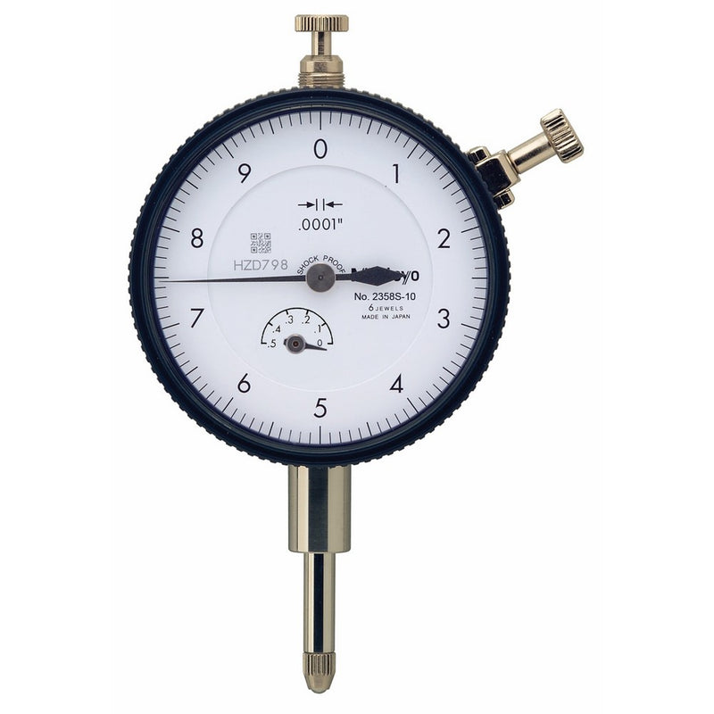 Mitutoyo 2358S-10 Dial Indicator, #4-48 UNF Thread, 0.375" Stem Dia., Lug Back, White Dial, 0-10 Reading, 2.244" Dial Dia., 0-0.5" Range, 0.0001" Graduation, /-0.0008" Accuracy