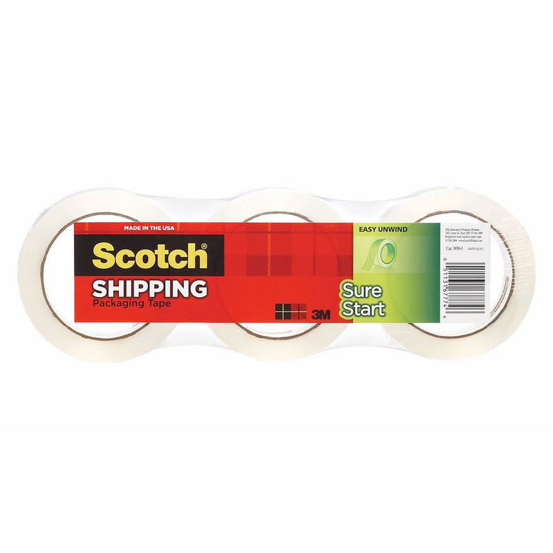 Scotch Sure Start Shipping Packaging Tape, 1.88 in. x 54.6 yds, Clear, 3 Rolls/Pack