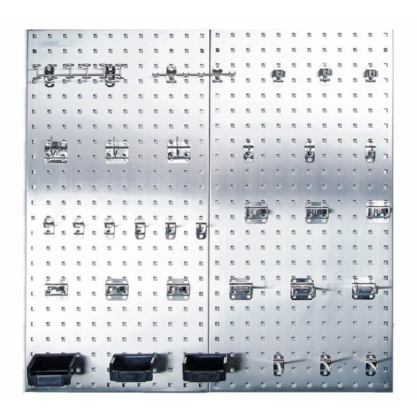 Stainless Steel LocBoard Triton Products LB18-SKit Assortment with Two 304 Stainless Steel Square Hole Pegboards with 32 piece Stainless LocHook Assortment and 3 Plastic Hanging Bins
