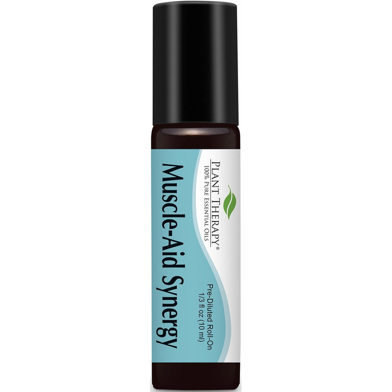 Plant Therapy Muscle-Aid Synergy Pre-Diluted Essential Oil Roll-On. Ready to use! Blend of: Wintergreen, Camphor and Pine in Fractionated Coconut Oil. 10 ml (1/3 oz).