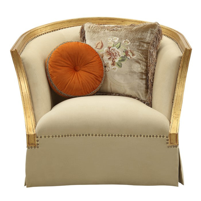 Fabric Upholstered Curved Design Chair with 2 Accent Pillows,Gold and Beige