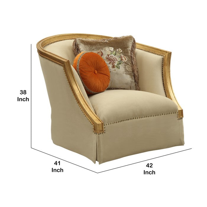 Fabric Upholstered Curved Design Chair with 2 Accent Pillows,Gold and Beige