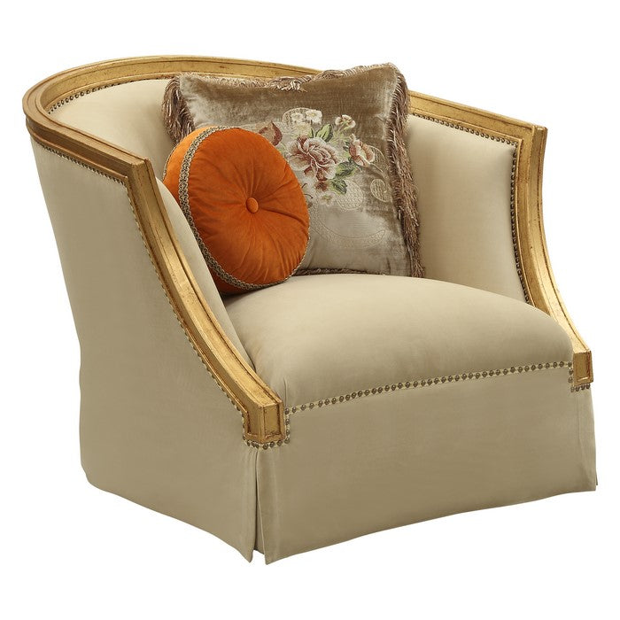 Fabric Upholstered Curved Design Chair with 2 Accent Pillows,Gold and Beige