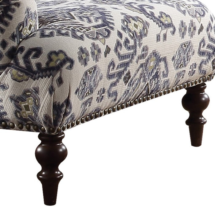Tufted Back Chair with 1 Accent Pillow and Tribal Design, Blue and White