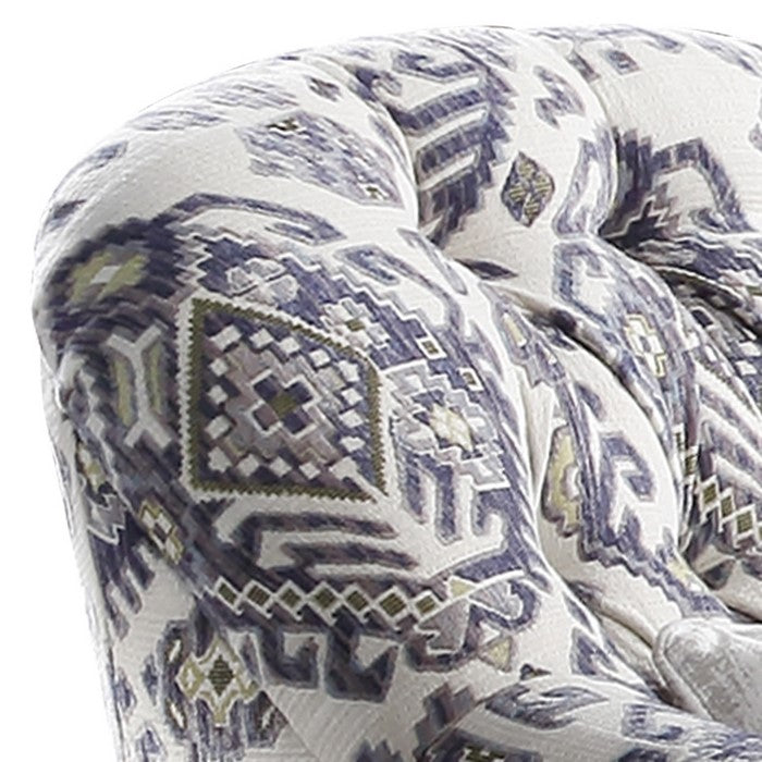 Tufted Back Chair with 1 Accent Pillow and Tribal Design, Blue and White