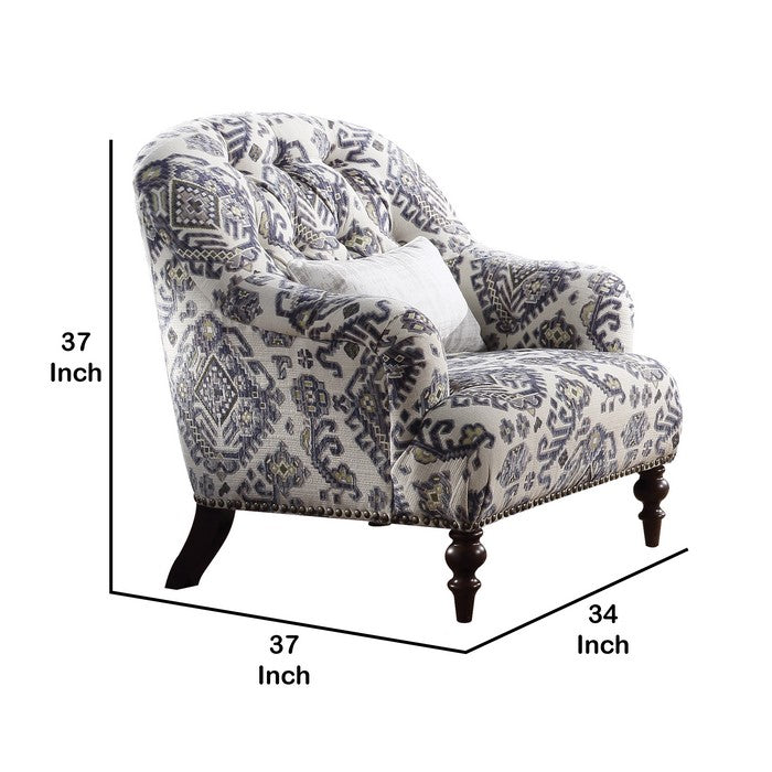 Tufted Back Chair with 1 Accent Pillow and Tribal Design, Blue and White