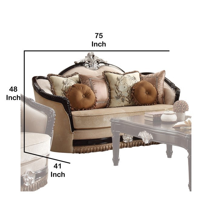 Curved Design Loveseat with Scalloped Backrest and Crown Top, Beige