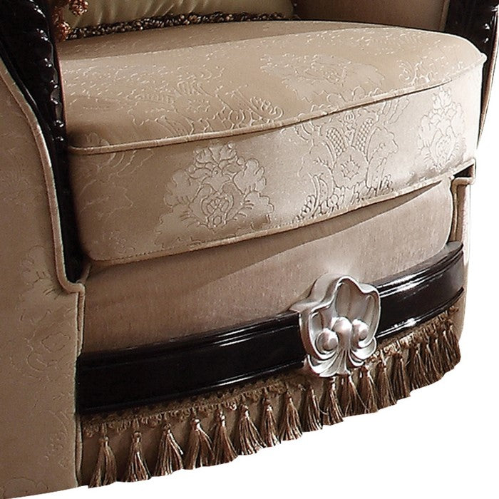 Curved Design Wooden Chair with Scalloped Backrest and Crown Top, Beige