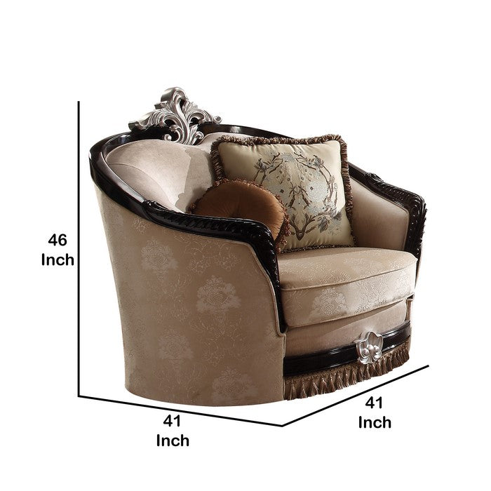 Curved Design Wooden Chair with Scalloped Backrest and Crown Top, Beige