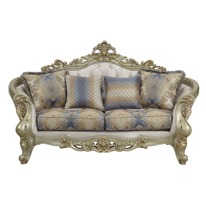 Curved Design Loveseat with Scrollwork and Crystal Tufting, Silver and Gold