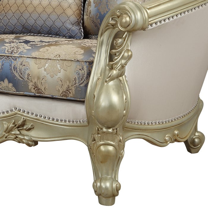 Curved Design Loveseat with Scrollwork and Crystal Tufting, Silver and Gold