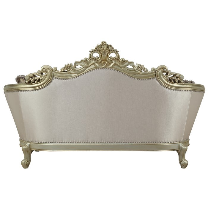Curved Design Loveseat with Scrollwork and Crystal Tufting, Silver and Gold