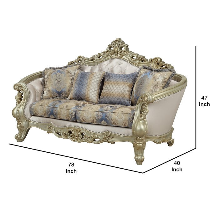 Curved Design Loveseat with Scrollwork and Crystal Tufting, Silver and Gold