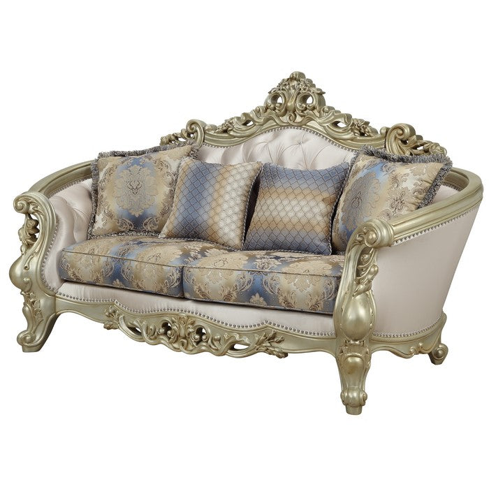 Curved Design Loveseat with Scrollwork and Crystal Tufting, Silver and Gold