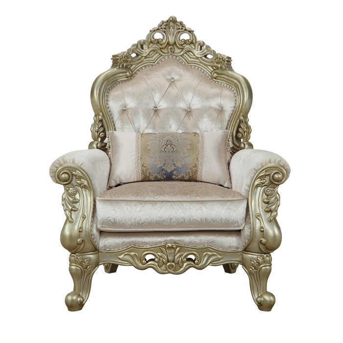 Curved Design Chair with Scrollwork and Crystal Tufting, Silver and Gold