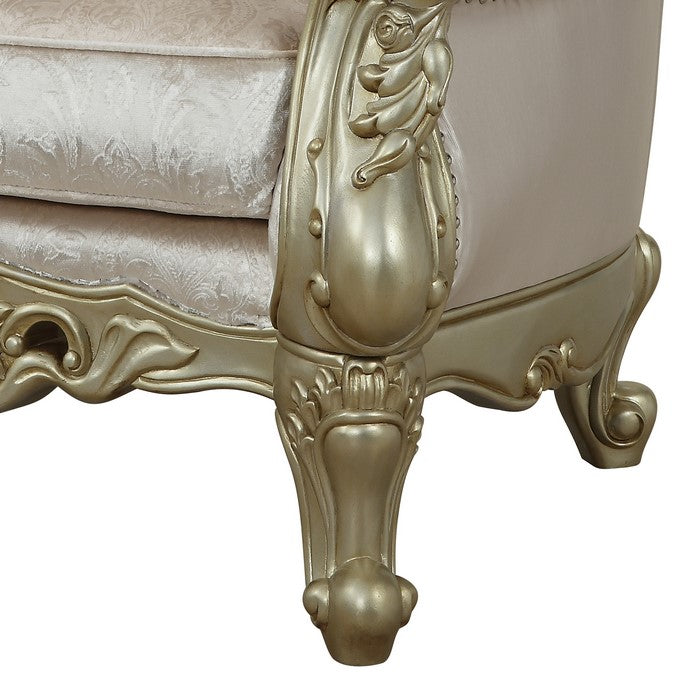 Curved Design Chair with Scrollwork and Crystal Tufting, Silver and Gold