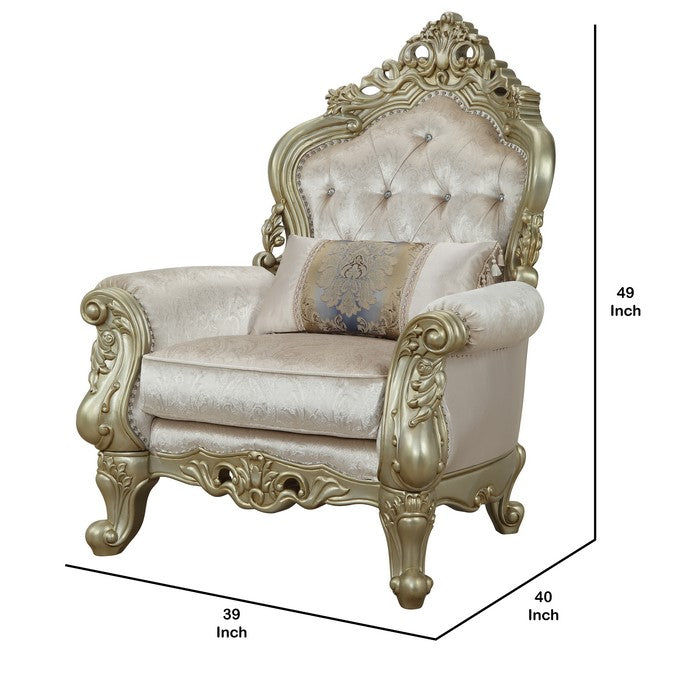 Curved Design Chair with Scrollwork and Crystal Tufting, Silver and Gold
