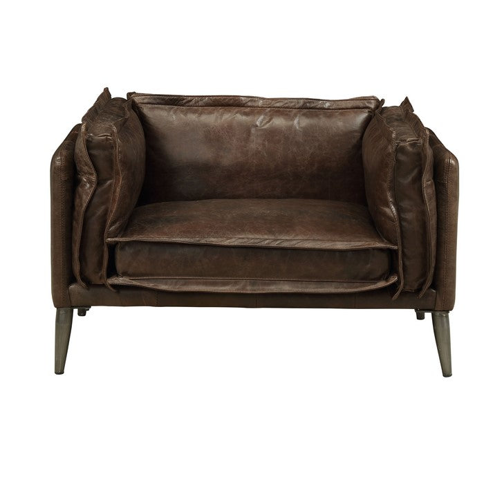 Leatherette Upholstered Chair with Track Arms and Metal Legs, Brown