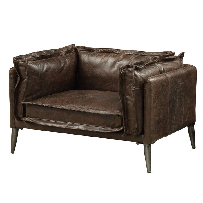 Leatherette Upholstered Chair with Track Arms and Metal Legs, Brown