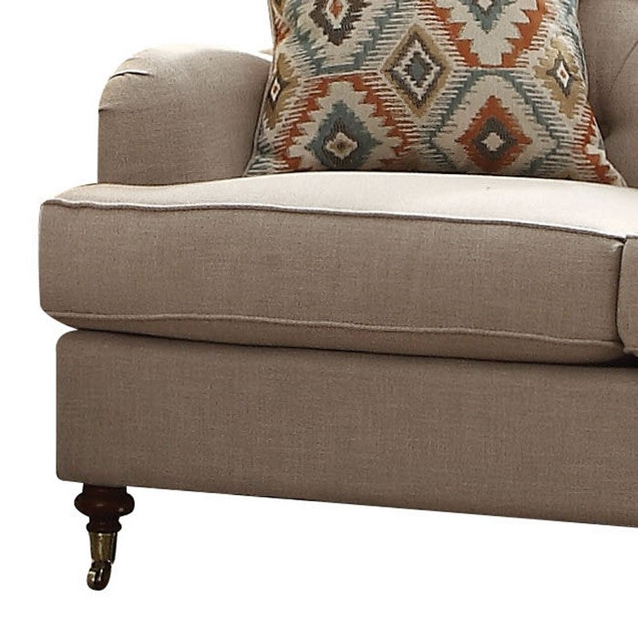 Fabric Upholstered Loveseat with Button Tufted Back and Saddle Arms, Beige