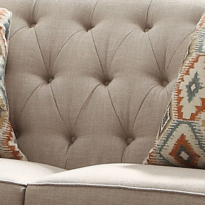 Fabric Upholstered Loveseat with Button Tufted Back and Saddle Arms, Beige