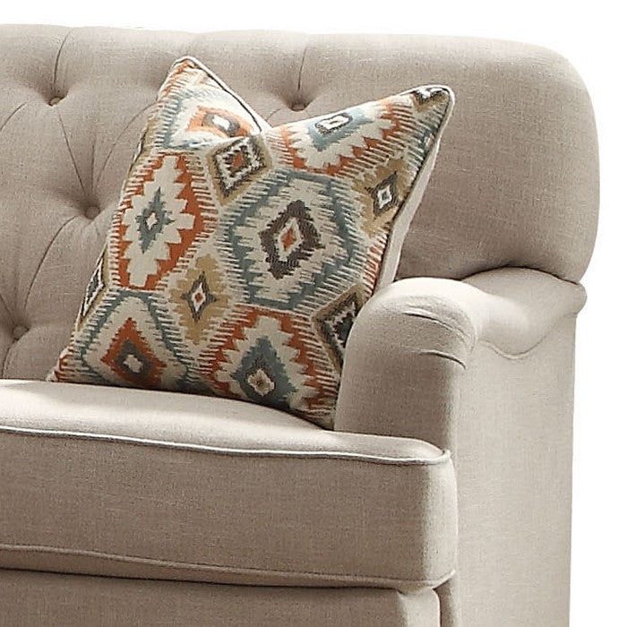 Fabric Upholstered Loveseat with Button Tufted Back and Saddle Arms, Beige
