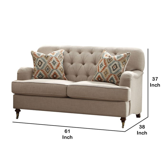 Fabric Upholstered Loveseat with Button Tufted Back and Saddle Arms, Beige