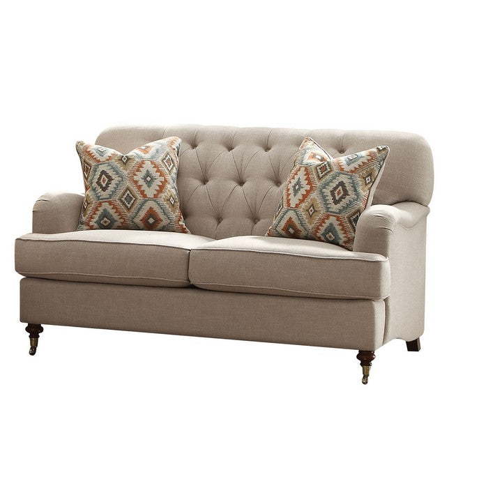 Fabric Upholstered Loveseat with Button Tufted Back and Saddle Arms, Beige