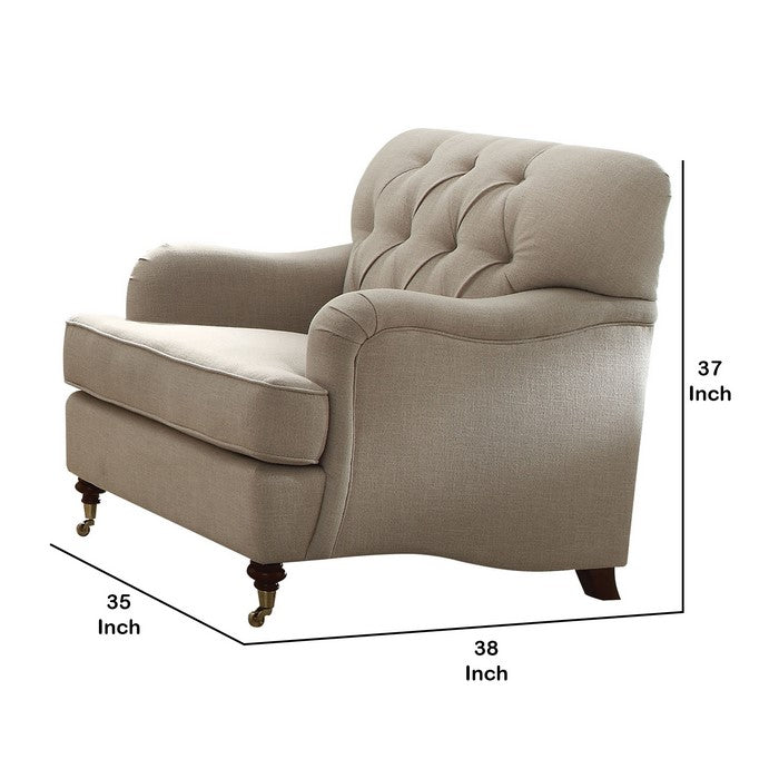 Fabric Upholstered Chair with Button Tufted Back and Saddle Arms, Beige
