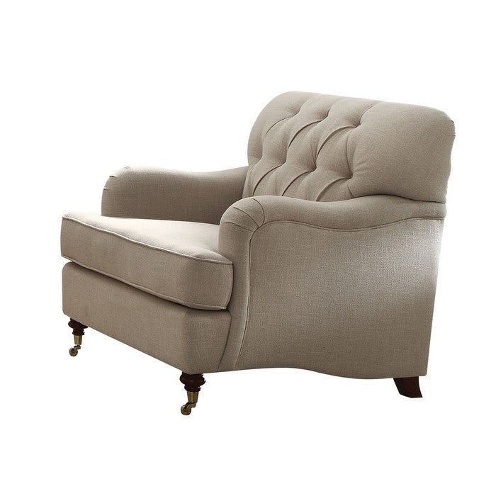 Fabric Upholstered Chair with Button Tufted Back and Saddle Arms, Beige