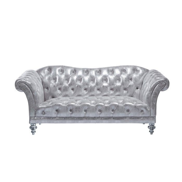 Fabric Loveseat with Button Tufted Frame and Turned Acrylic Legs, Silver