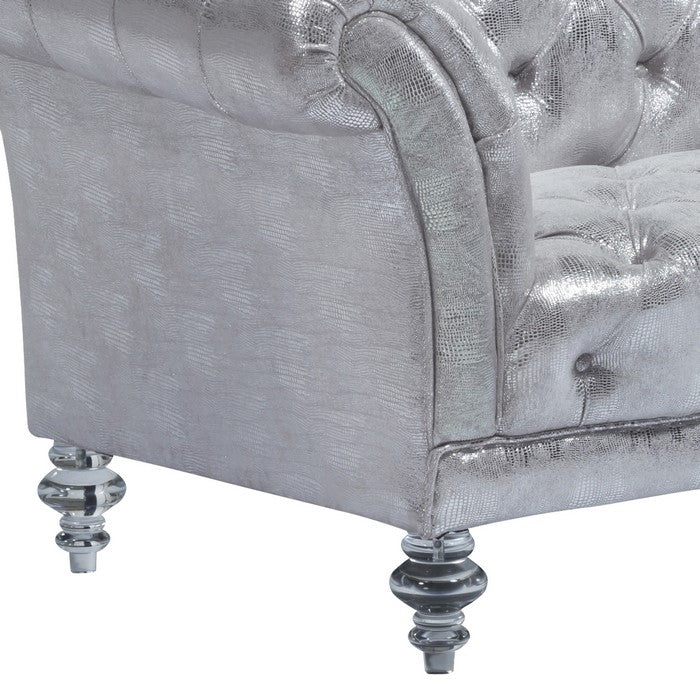 Fabric Loveseat with Button Tufted Frame and Turned Acrylic Legs, Silver