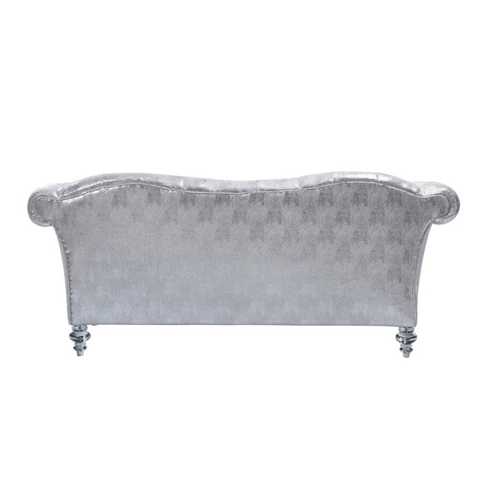 Fabric Loveseat with Button Tufted Frame and Turned Acrylic Legs, Silver