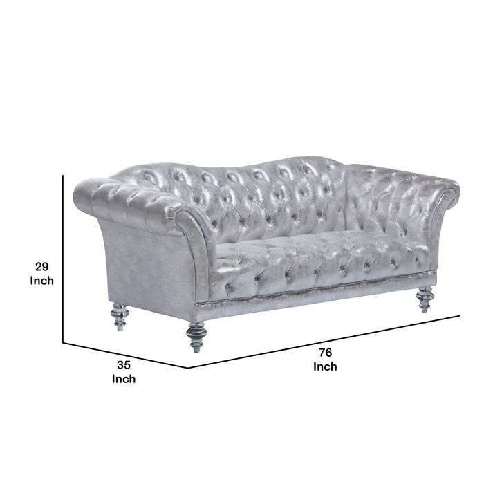 Fabric Loveseat with Button Tufted Frame and Turned Acrylic Legs, Silver