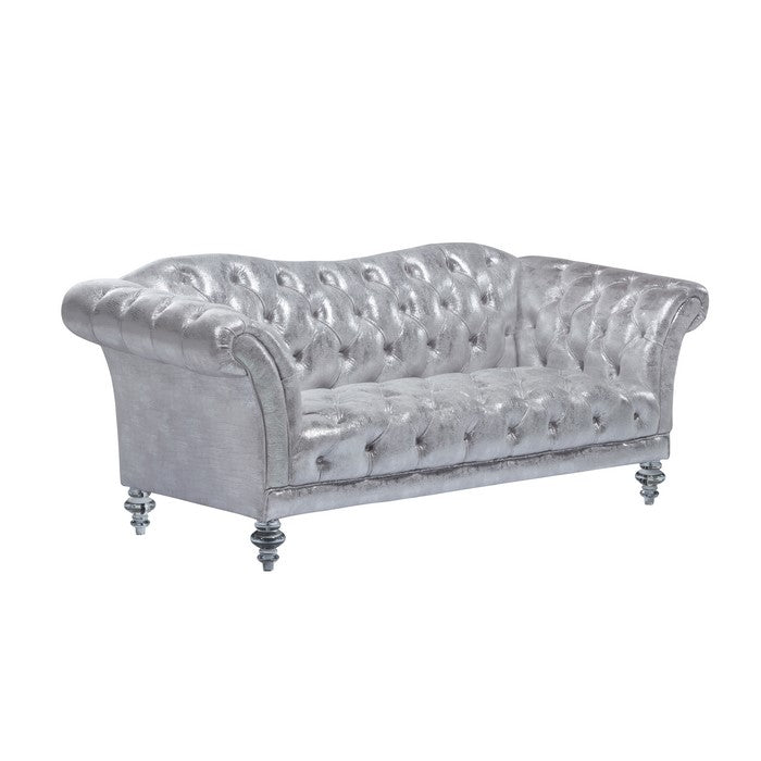 Fabric Loveseat with Button Tufted Frame and Turned Acrylic Legs, Silver