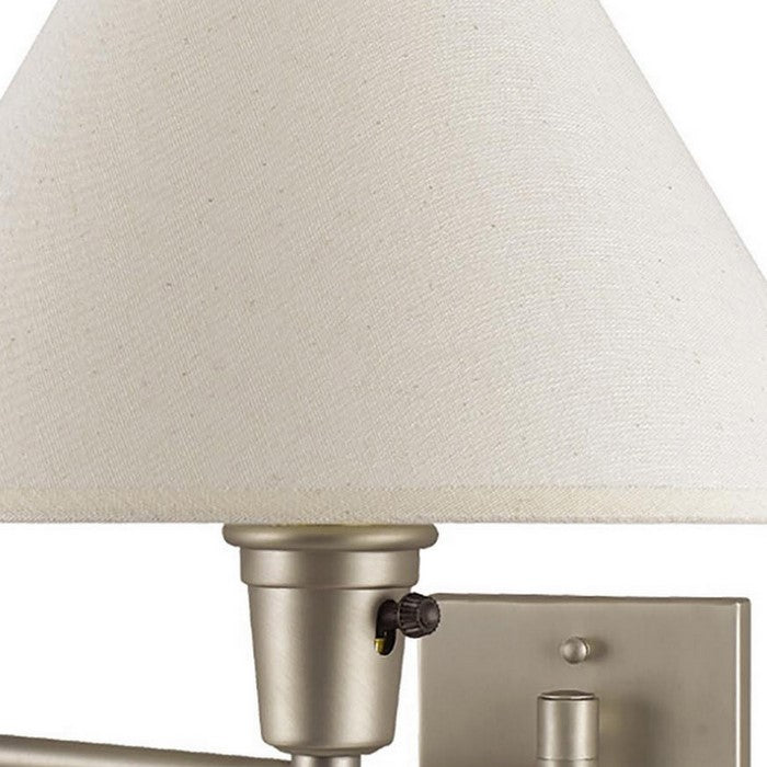 60 Watt Metal Swing Arm Wall Lamp with Tapered Shade, Off White and Silver