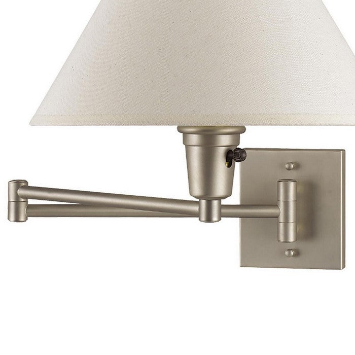 60 Watt Metal Swing Arm Wall Lamp with Tapered Shade, Off White and Silver